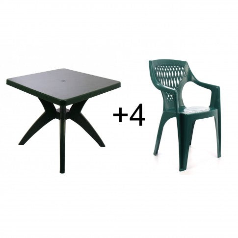 Set masa patrata idealSTORE cu 4 scaune, pentru gradina, Dimensiuni 80 X 80 X 72, Fabricata din plastic, Rezistent la umiditate, Ideala pentru gradina, Culoare Verde