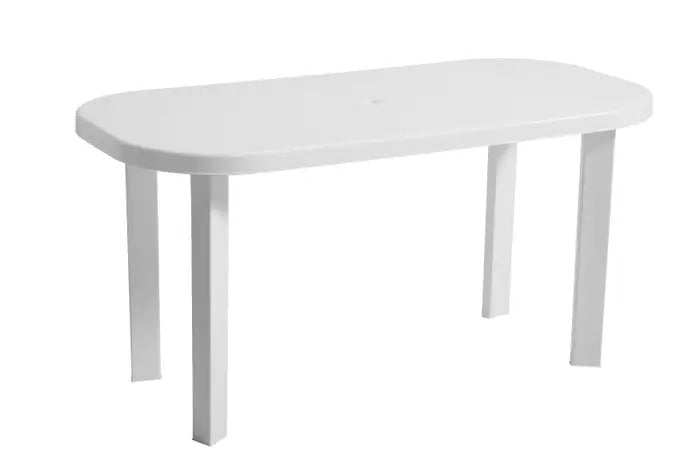 Masa gradina, culoare alba, realizata din plastic, forma ovala, dimensiuni 140 x 70 x 70 cm
