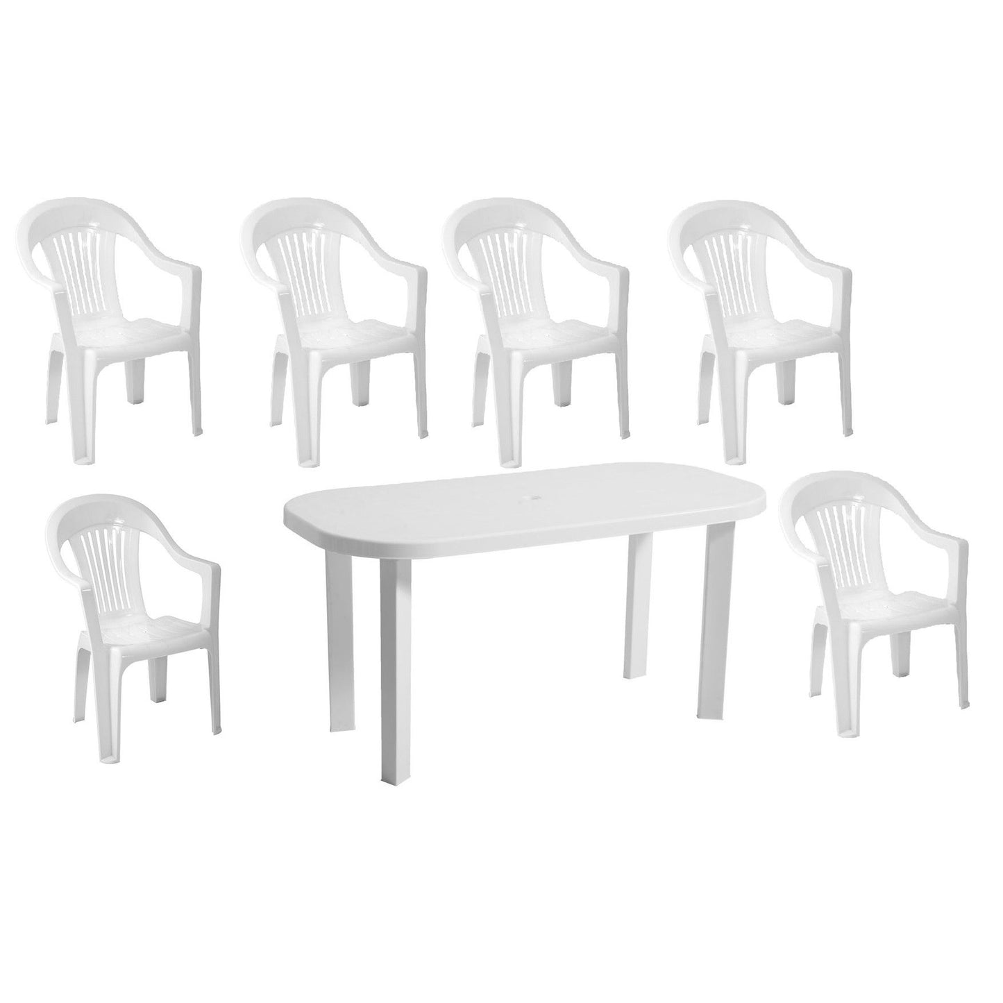 Set masa pentru Gradina IDL Bali cu 6 SCAUNE, 140x70x70cm, Realizat din plastic de inalta calitate, Rezistent la UMIDITATE, Permite adaptari creative si inovatoare oriunde si oricand, Culoare-Alb