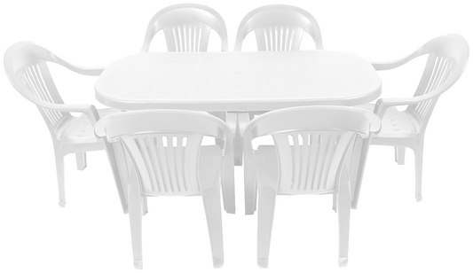 Set masa pentru Gradina IDL Bali cu 6 SCAUNE, 140x70x70cm, Realizat din plastic de inalta calitate, Rezistent la UMIDITATE, Permite adaptari creative si inovatoare oriunde si oricand, Culoare-Alb