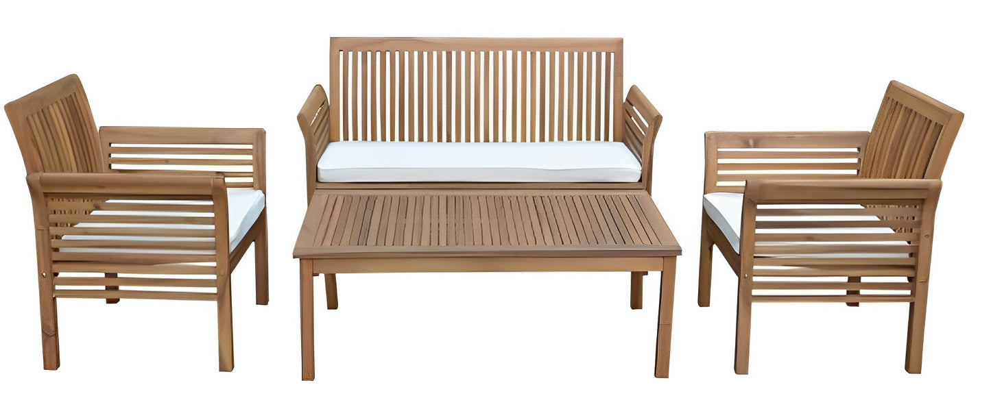 Set Masa Dreptunghiulara idealSTORE, cu 2 Scaune si Canapea, pentru Gradina, Prevazute cu Perna, Strctura din Lemn, Utilizare interior-exterior, Ideala pentru Gradina sau Terasa