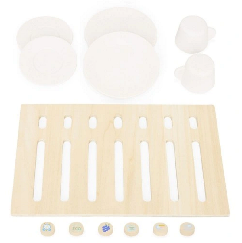 Masina de Spalat Vase Cleen Wish idealSTORE pentru copii, Dimensiuni 30 x 24 x 34,5 cm, Include 6 elemente Magnetice, 4 Farfurii, 2 Cani, Buton pentru Lustruire, Spalare Fructe, Uscare, Mod ECO, Cronometru, Reglarea Temperaturii, ON/OFF