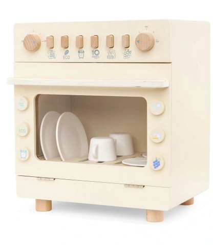 Masina de Spalat Vase Cleen Wish idealSTORE pentru copii, Dimensiuni 30 x 24 x 34,5 cm, Include 6 elemente Magnetice, 4 Farfurii, 2 Cani, Buton pentru Lustruire, Spalare Fructe, Uscare, Mod ECO, Cronometru, Reglarea Temperaturii, ON/OFF