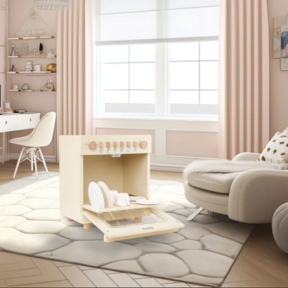 Masina de Spalat Vase Cleen Wish idealSTORE pentru copii, Dimensiuni 30 x 24 x 34,5 cm, Include 6 elemente Magnetice, 4 Farfurii, 2 Cani, Buton pentru Lustruire, Spalare Fructe, Uscare, Mod ECO, Cronometru, Reglarea Temperaturii, ON/OFF