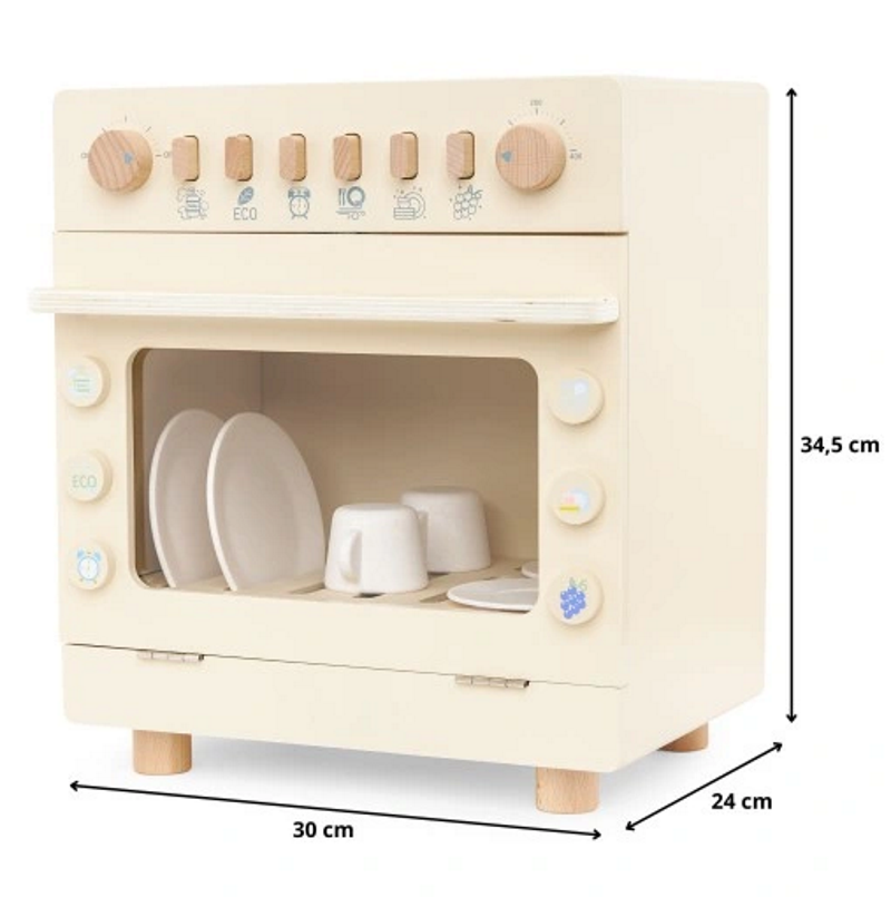 Masina de Spalat Vase Cleen Wish idealSTORE pentru copii, Dimensiuni 30 x 24 x 34,5 cm, Include 6 elemente Magnetice, 4 Farfurii, 2 Cani, Buton pentru Lustruire, Spalare Fructe, Uscare, Mod ECO, Cronometru, Reglarea Temperaturii, ON/OFF