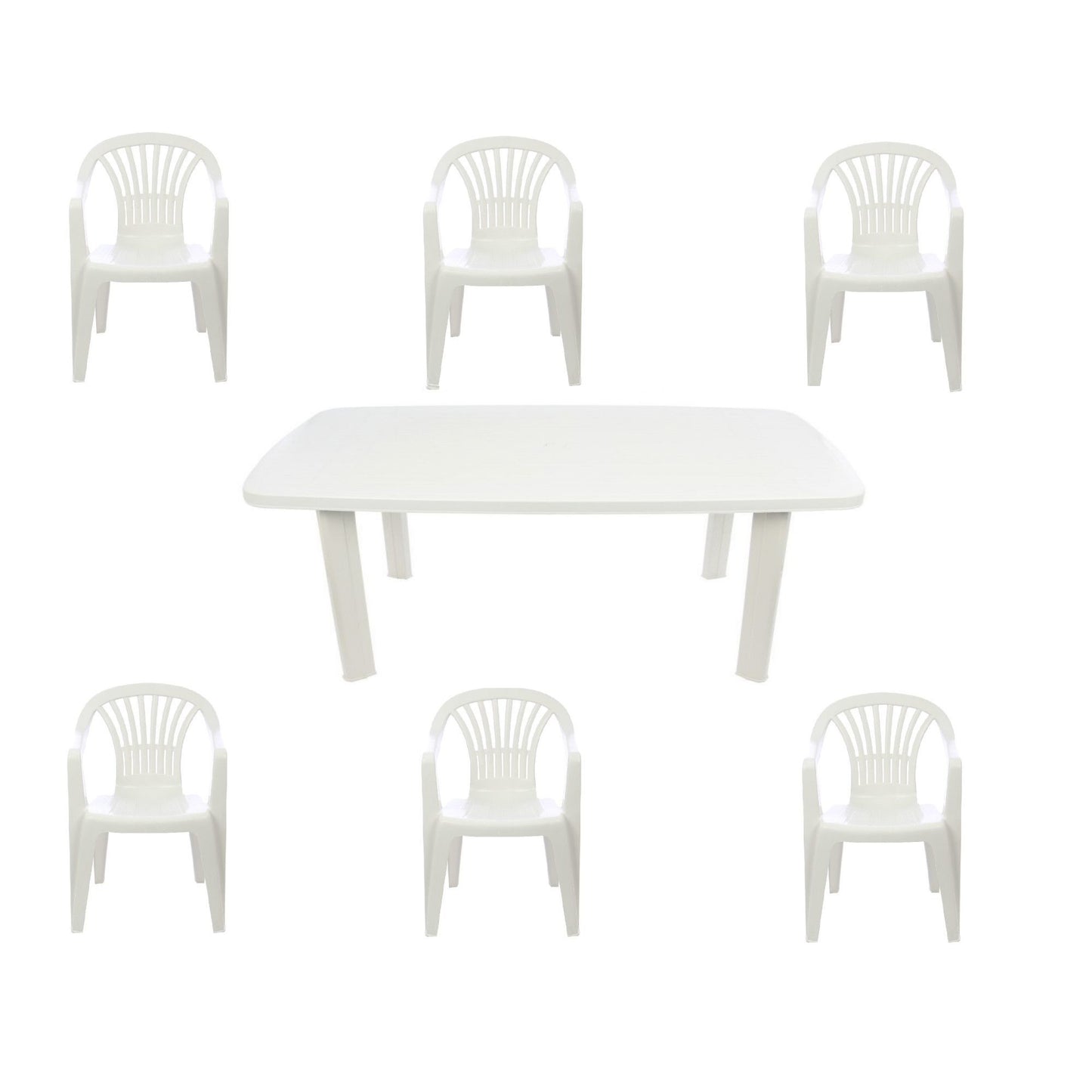 Set masa pentru Gradina IDL Montero cu 6 SCAUNE, 140x90x72cm, Realizat din plastic de inalta calitate, Rezistent la UMIDITATE, Forma blat DREPTUNGHIULARA ce permite adaptari creative si inovatoare oriunde si oricand, Culoare-Alb