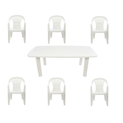 Set masa pentru Gradina IDL Montero cu 6 SCAUNE, 140x90x72cm, Realizat din plastic de inalta calitate, Rezistent la UMIDITATE, Forma blat DREPTUNGHIULARA ce permite adaptari creative si inovatoare oriunde si oricand, Culoare-Alb