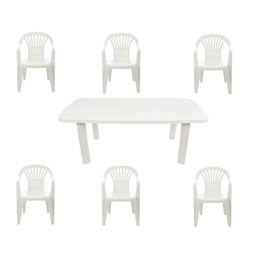Set masa pentru Gradina IDL Montero cu 6 SCAUNE, 140x90x72cm, Realizat din plastic de inalta calitate, Rezistent la UMIDITATE, Forma blat DREPTUNGHIULARA ce permite adaptari creative si inovatoare oriunde si oricand, Culoare-Alb