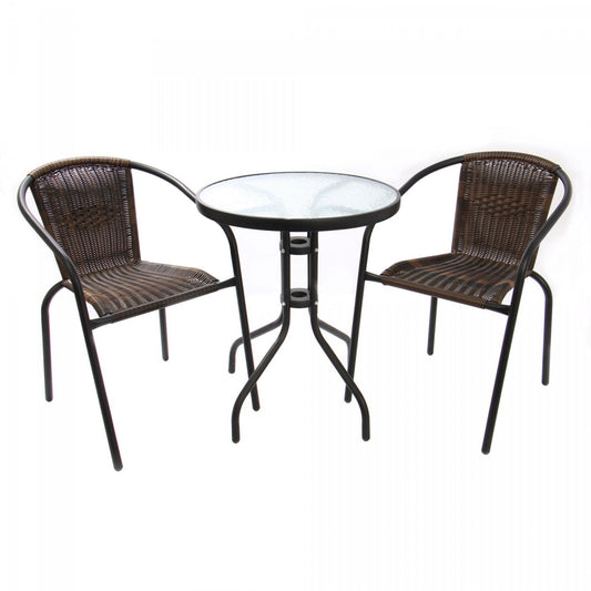 Set masa pentru Gradina IDL Aruba Brown cu 2 SCAUNE, Realizat din Metal+Ratan sintetic, Suprafata care imita impletitura naturala, Denota eleganta si rafinament si ofera usurinta in asortarea cu celelalte elemente decorative, Culoare-Maro