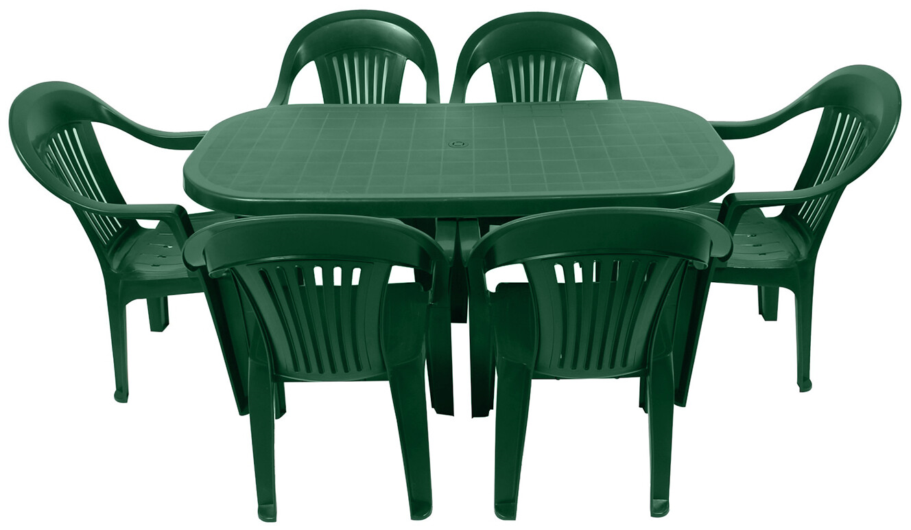Set masa pentru Gradina IdealStore Montero cu 6 SCAUNE, 140x90x72cm, Realizat din plastic de inalta calitate, Rezistent la UMIDITATE, Forma blat DREPTUNGHIULARA ce permite adaptari creative si inovatoare oriunde si oricand, Culoare-Verde