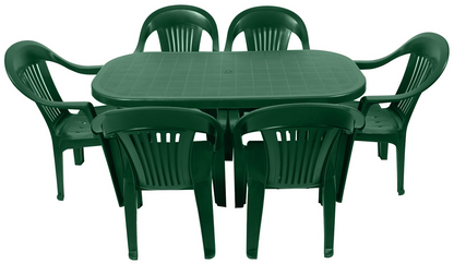 Set masa pentru Gradina IdealStore Montero cu 6 SCAUNE, 140x90x72cm, Realizat din plastic de inalta calitate, Rezistent la UMIDITATE, Forma blat DREPTUNGHIULARA ce permite adaptari creative si inovatoare oriunde si oricand, Culoare-Verde