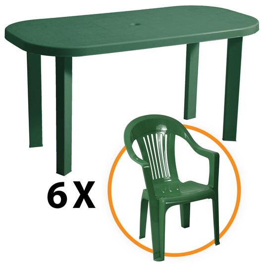 Set masa pentru Gradina IdealStore Bali cu 6 SCAUNE, 140x70x70cm, Realizat din plastic de inalta calitate, Rezistent la UMIDITATE, Permite adaptari creative si inovatoare oriunde si oricand, Culoare-Verde