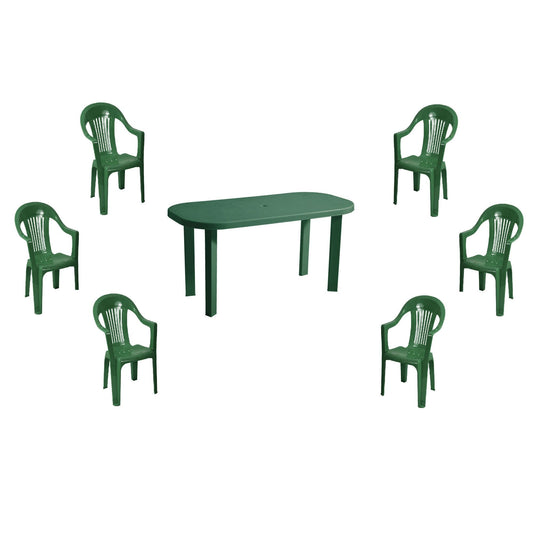 Set masa pentru Gradina IdealStore Bali cu 6 SCAUNE, 140x70x70cm, Realizat din plastic de inalta calitate, Rezistent la UMIDITATE, Permite adaptari creative si inovatoare oriunde si oricand, Culoare-Verde