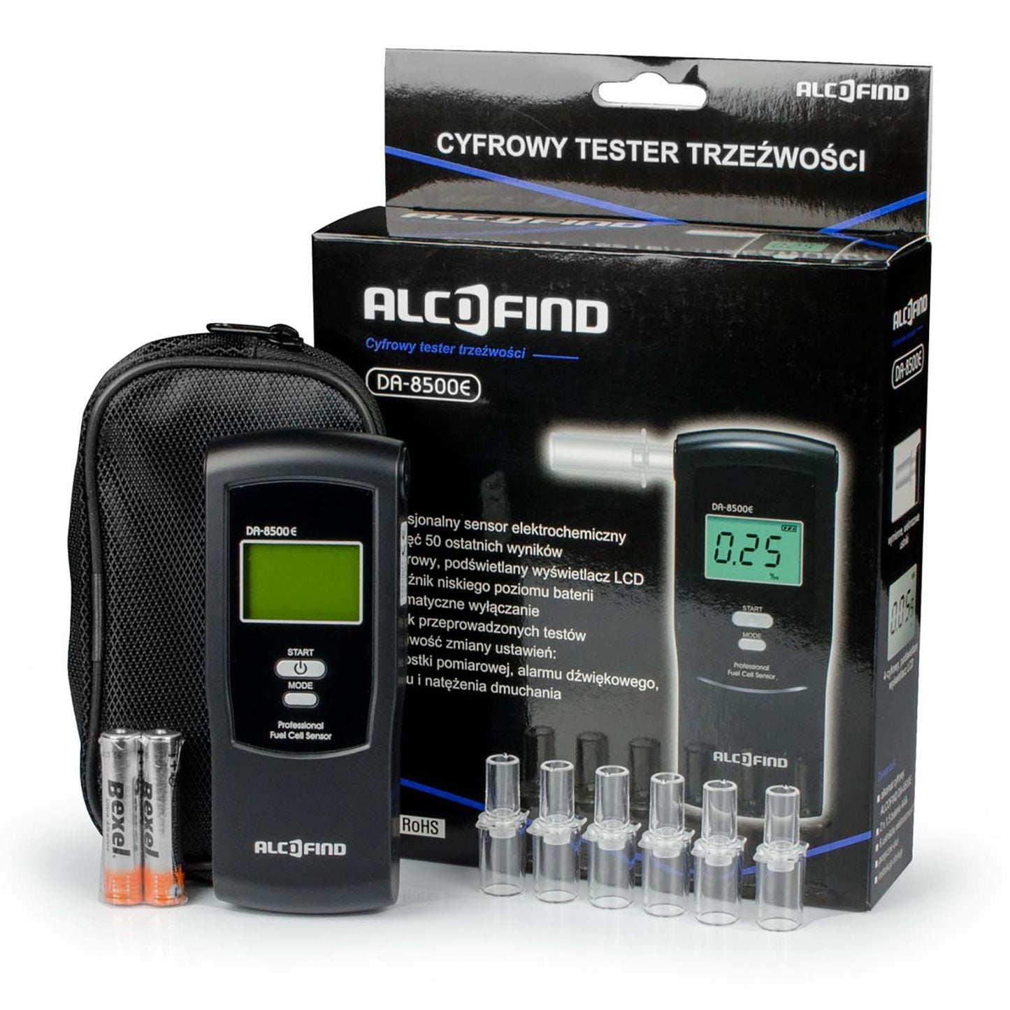 Alcool tester AlcoFind IDL, Include 100 mustiucuri, Memoria ultimelor 50 de rezultate, Afisaj LED, Indicator baterie, Semnalizarea acustica, sunetelor, Senzor electrochimic