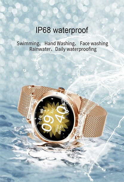 Ceas SmartWatch Lady's Diamond idealStore, Dimensiune Ecran 1.9', Rezistent la Apa, Bluetooth, Monitor Ritm Cardiac, Oxigen din Sange, Momento Apel/Mesaje, Multi Sport, Compatibil iOS si Android, Auriu