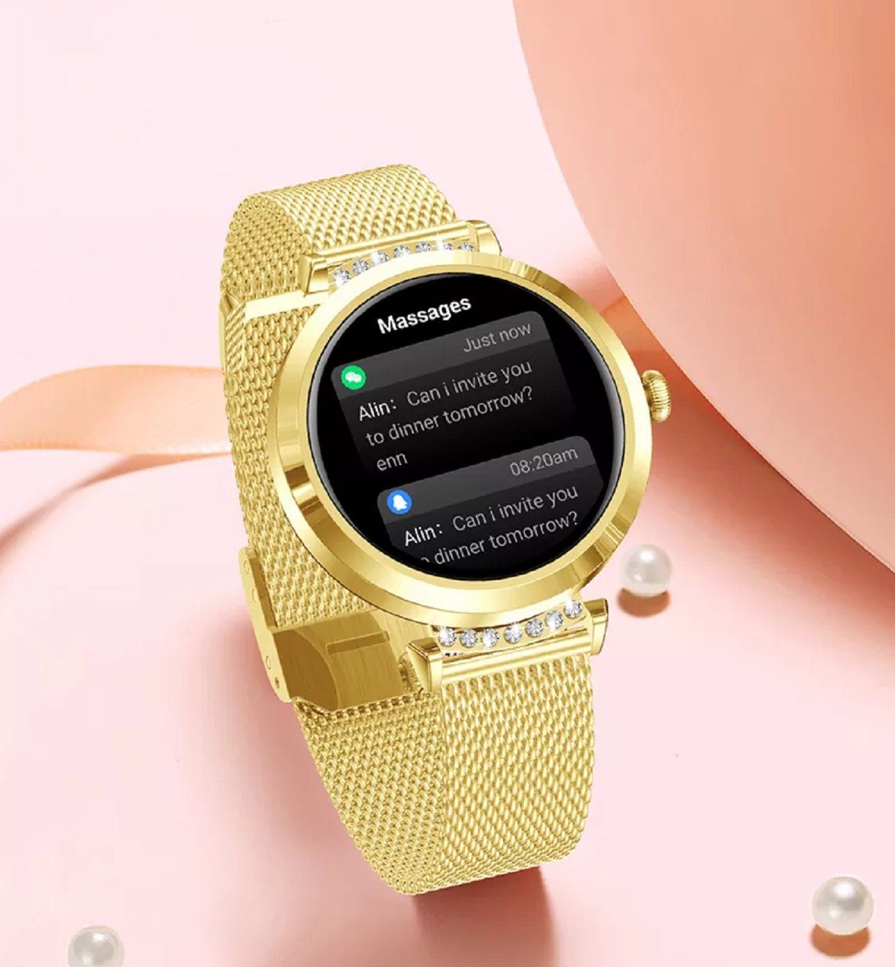 Ceas SmartWatch Lady's Diamond idealStore, Dimensiune Ecran 1.9', Rezistent la Apa, Bluetooth, Monitor Ritm Cardiac, Oxigen din Sange, Momento Apel/Mesaje, Multi Sport, Compatibil iOS si Android, Auriu