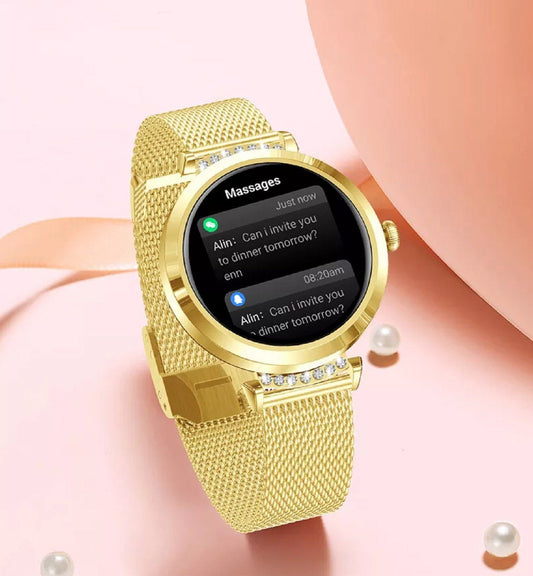Ceas SmartWatch Lady's Diamond idealStore, Dimensiune Ecran 1.9', Rezistent la Apa, Bluetooth, Monitor Ritm Cardiac, Oxigen din Sange, Momento Apel/Mesaje, Multi Sport, Compatibil iOS si Android, Auriu