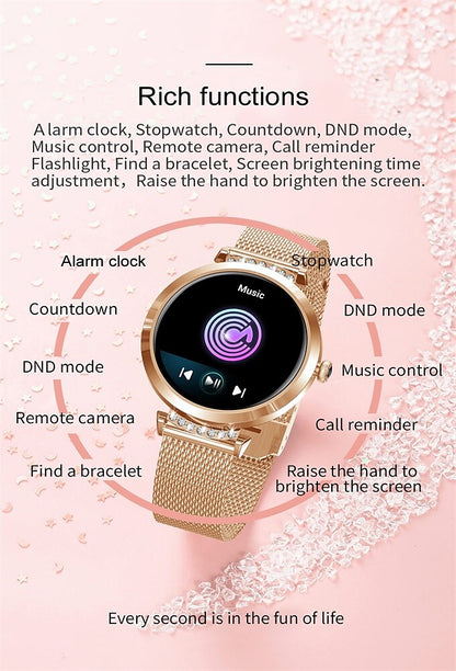 Ceas SmartWatch Lady's Diamond idealStore, Dimensiune Ecran 1.9', Rezistent la Apa, Bluetooth, Monitor Ritm Cardiac, Oxigen din Sange, Momento Apel/Mesaje, Multi Sport, Compatibil iOS si Android, Auriu