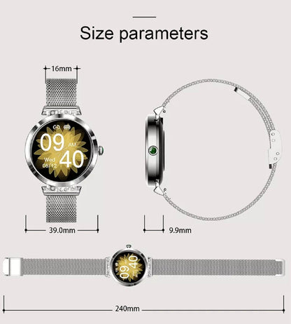 Ceas SmartWatch Lady's Diamond idealStore, Dimensiune Ecran 1.9', Rezistent la Apa, Bluetooth, Monitor Ritm Cardiac, Oxigen din Sange, Momento Apel/Mesaje, Multi Sport, Compatibil iOS si Android, Auriu