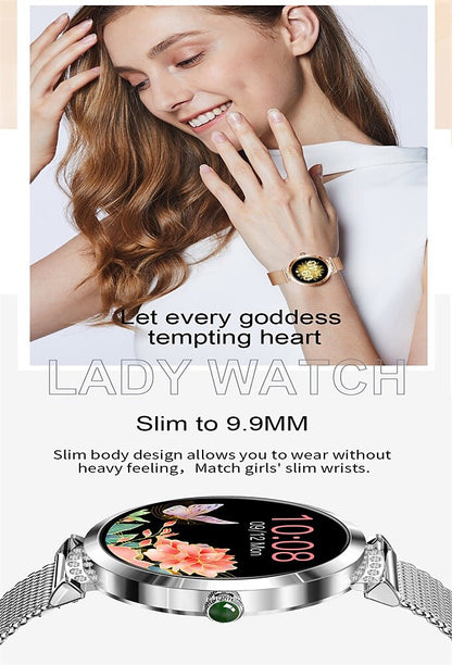 Ceas SmartWatch Lady's Diamond idealStore, Dimensiune Ecran 1.9', Rezistent la Apa, Bluetooth, Monitor Ritm Cardiac, Oxigen din Sange, Momento Apel/Mesaje, Multi Sport, Compatibil iOS si Android, Auriu