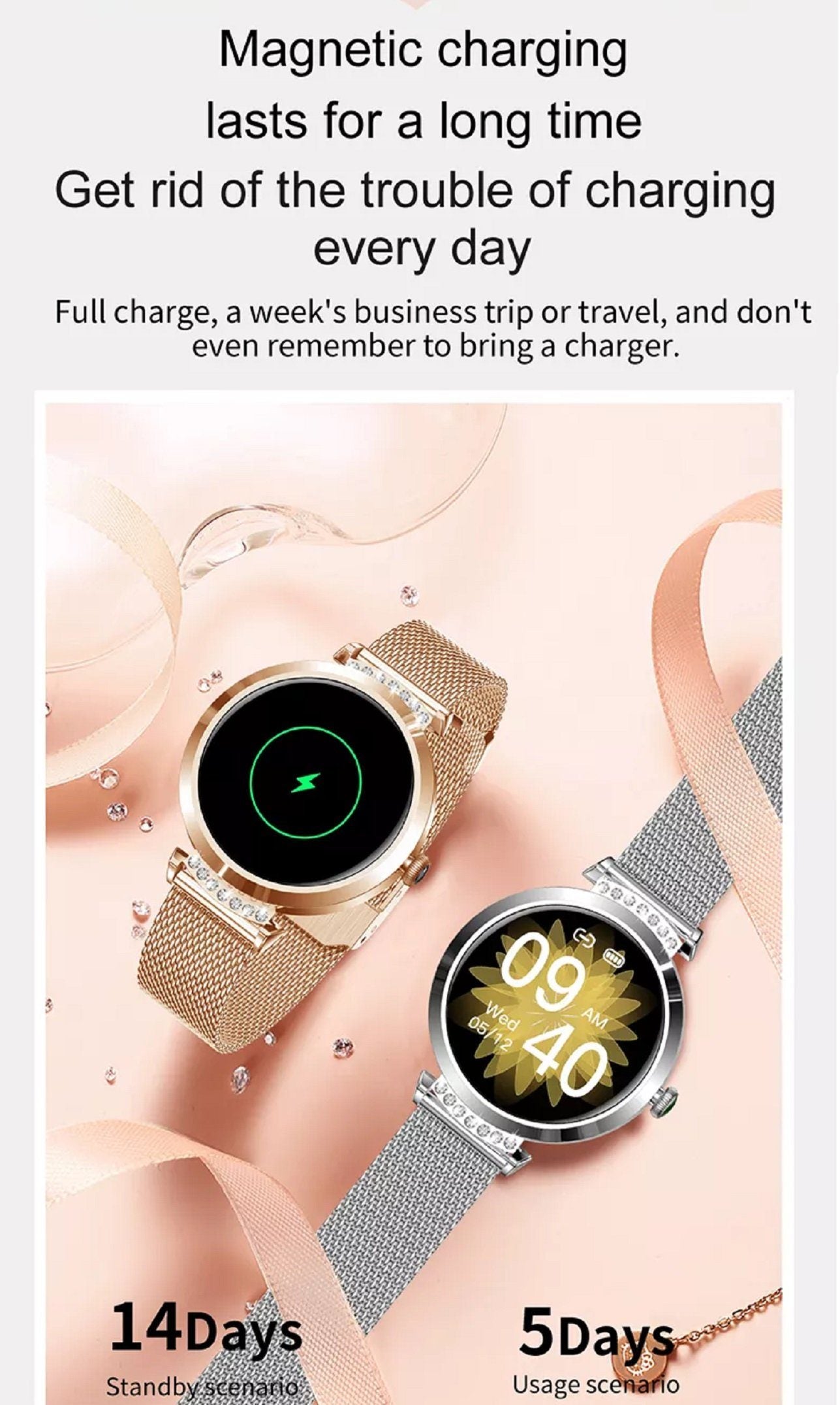 Ceas SmartWatch Lady's Diamond idealStore, Dimensiune Ecran 1.9, Rezistent la Apa, Bluetooth, Monitor Ritm Cardiac, Oxigen din Sange, Momento Apel/Mesaje, Multi Sport, Compatibil iOS si Android, Rose