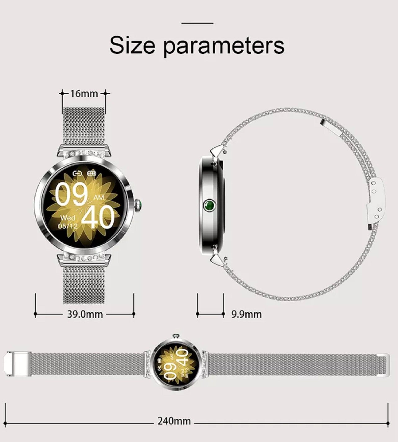 Ceas SmartWatch Lady's Diamond idealStore, Dimensiune Ecran 1.9', Rezistent la Apa, Bluetooth, Monitor Ritm Cardiac, Oxigen din Sange, Momento Apel/Mesaje, Multi Sport, Compatibil iOS si Android, Silver