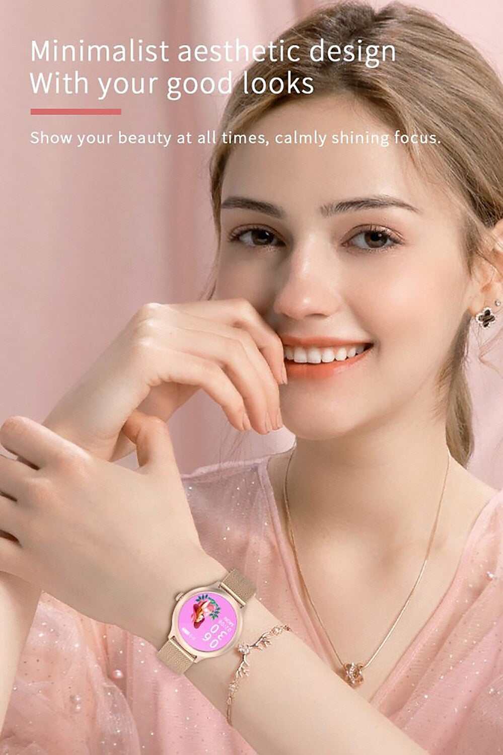 Smartwatch idealStore PowStell, Design Slim, Moduri MultiSport, Monitorizare Sanatate, Memento Personalizat, Control Muzical si Camera Foto, Aplicatie Menstruala, Bratara Silicon Cadou, Culoare Gold