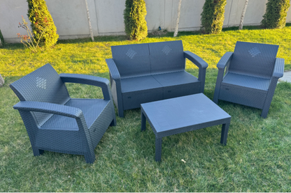 Set Mobilier de Gradina idealSTORE BellaVita, cu Canapea, 2 Fotolii, si o Masa, Aspect Ratan, Asamblare Simpla fara Suruburi, Modular, Constructie Solida si Durabila, Culoare Antracit