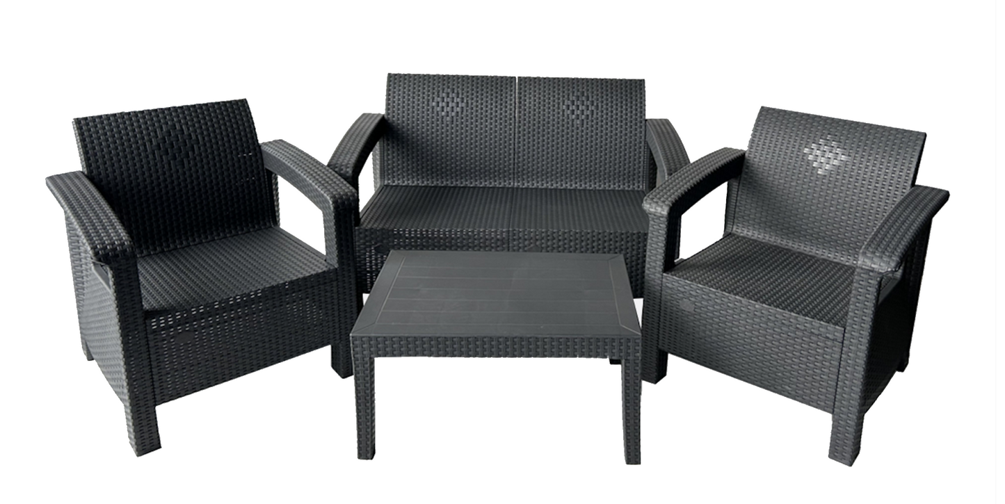 Set Mobilier de Gradina idealSTORE BellaVita, cu Canapea, 2 Fotolii, si o Masa, Aspect Ratan, Asamblare Simpla fara Suruburi, Modular, Constructie Solida si Durabila, Culoare Antracit