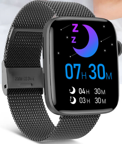 Smartwatch idealStore SportApple, Echipat cu Difuzor si Microfon, Efectuare Apeluri, Traseu GPS, mod multiSport, Senzor Ritm Cardiac, Tensiune, Nivel Oxigen, Ecran Curbat, Curea Metalica Neagra