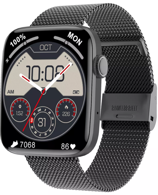 Smartwatch idealStore SportApple, Echipat cu Difuzor si Microfon, Efectuare Apeluri, Traseu GPS, mod multiSport, Senzor Ritm Cardiac, Tensiune, Nivel Oxigen, Ecran Curbat, Curea Metalica Neagra