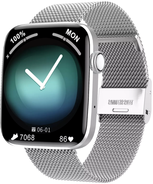Smartwatch idealStore SportApple, Echipat cu Difuzor si Microfon, Efectuare Apeluri, Traseu GPS, mod multiSport, Senzor Ritm Cardiac, Tensiune, Nivel Oxigen, Ecran Curbat, Curea Metalica Silver