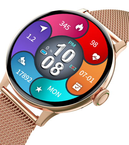 Ceas SmartWatch idealSTORE, eXtremePRO Collection, Ecran 1,3 inch 3D High-Definition Full Touch, Android/IOS, Monitorizare ritm cardiac, Somn, Perioada Menstruala, Calorii arse, IP68, Notificari Apeluri, Mesaje, WhatsAPP, Culoare Gold Metalic
