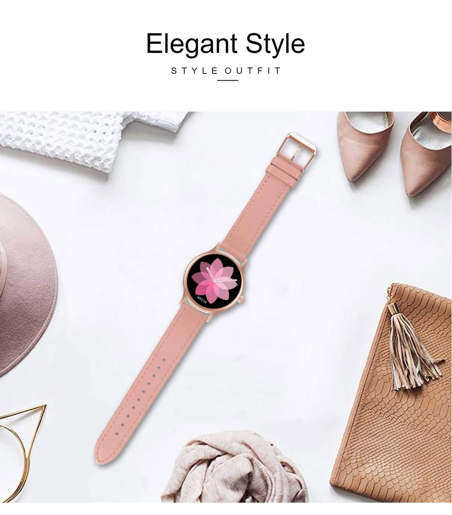 Ceas smartwatch idealStore Lux Style DT66, Funcii multisport, Monitorizare Temperatura Corporala, Monitorizare Ritm Cardiac, Tensiune, Oxigen, Menstrual Mamagement, Touchscreen, Bratara din Piele, Roz