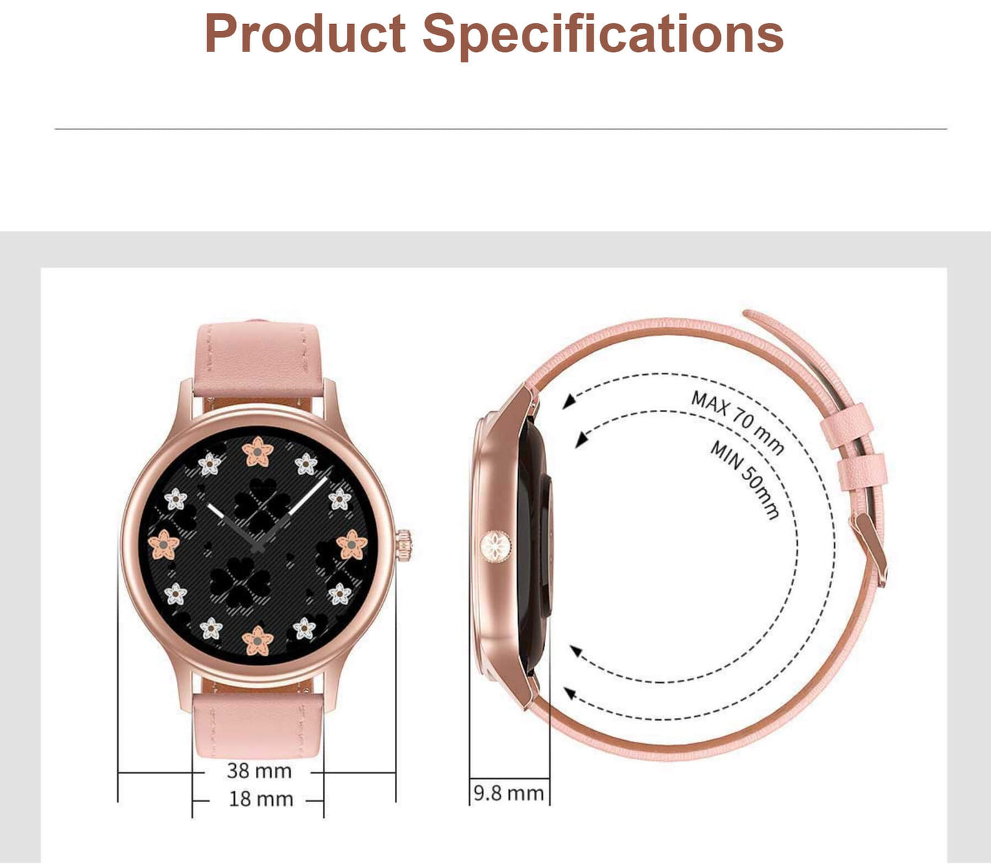 Ceas smartwatch idealStore Lux Style DT66, Funcii multisport, Monitorizare Temperatura Corporala, Monitorizare Ritm Cardiac, Tensiune, Oxigen, Menstrual Mamagement, Touchscreen, Bratara din Piele, Roz