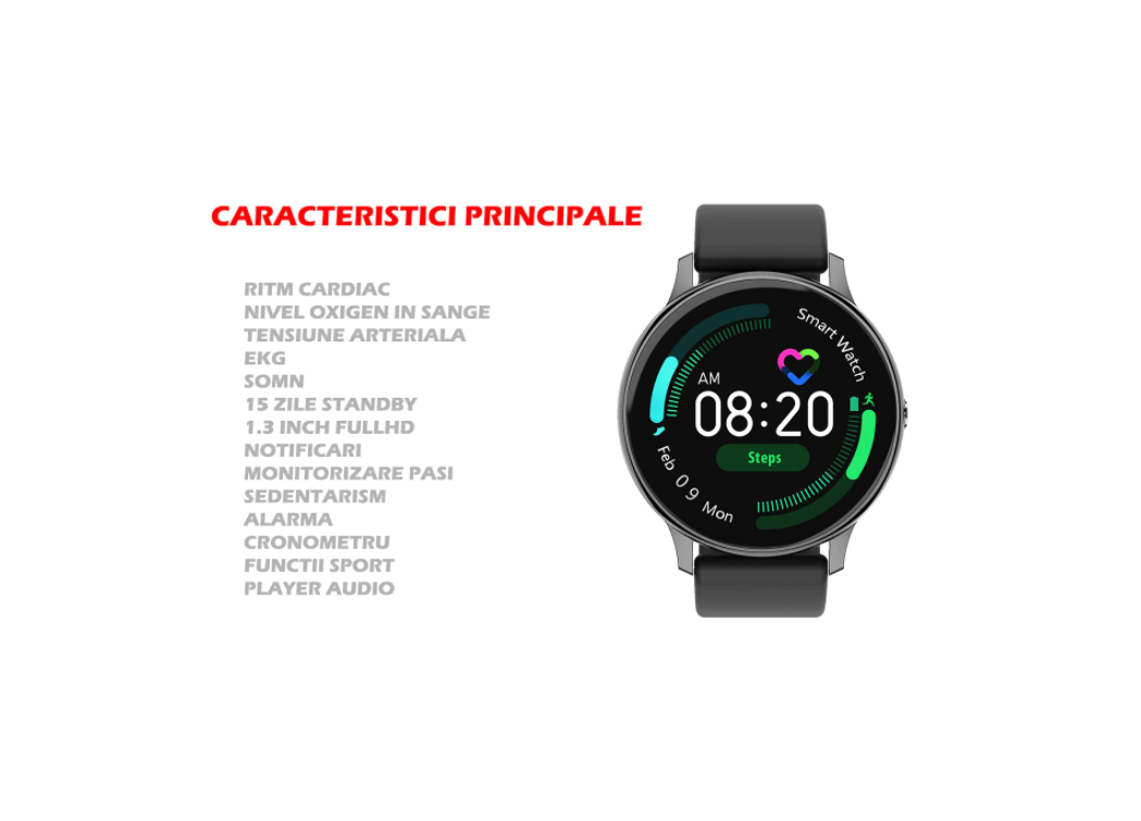 Ceas SmartWatch DT88 Pro Appearance idealStore, Negru, Curea Silicon, Impermeabil, Display 1.3 HD Touchscreen, Monitorizare ECG, Pedometru, Altimetru, Sedentary Reminder, 8 Moduri Sportive, Notificari Whatsapp/Facebook/Instagram