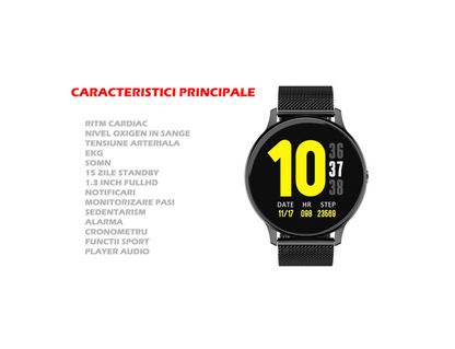 Ceas SmartWatch DT88 Pro Appearance idealStore, Negru, Curea Metalica, Impermeabil, Display 1.3 HD Touchscreen, Monitorizare ECG, Pedometru, Altimetru, Sedentary Reminder, 8 Moduri Sportive, Notificari Whatsapp/Facebook/Instagram