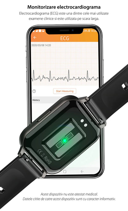 Ceas SmartWatch DT MAX idealSTORE, Ecran tactil IPS, Notificari apeluri, mesaje, Vibratii, Monitorizeaza ritmul cardiac, EKG, tensiunea arteriala, oxigenul din sange, IP 68, Pedometru, Culoare BLACK METAL