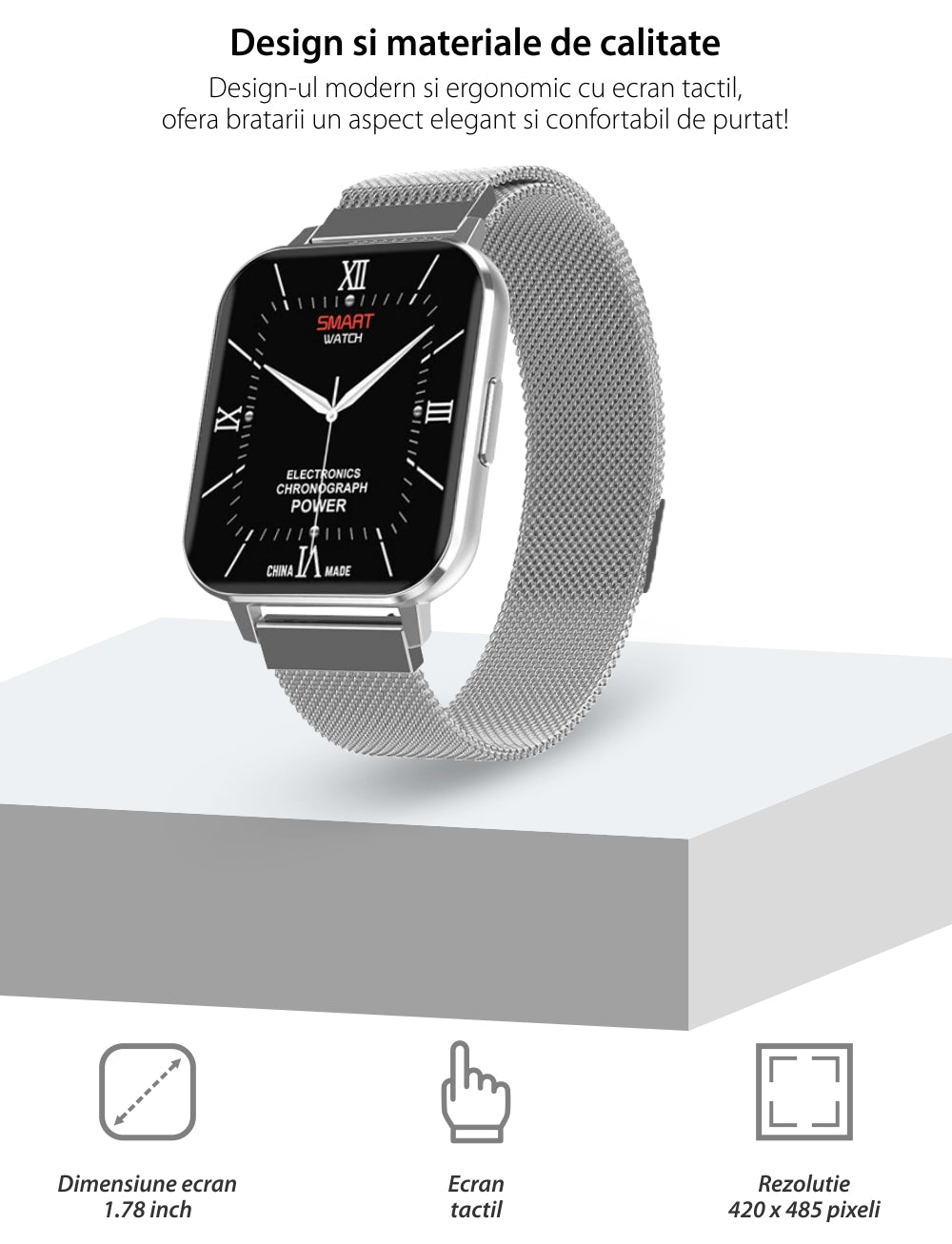 Ceas SmartWatch DT MAX idealSTORE, Ecran tactil IPS, Notificari apeluri, mesaje, Vibratii, Monitorizeaza ritmul cardiac, ECG, tensiunea arteriala, oxigenul din sange, IP 68, Pedometru, Culoare Silver