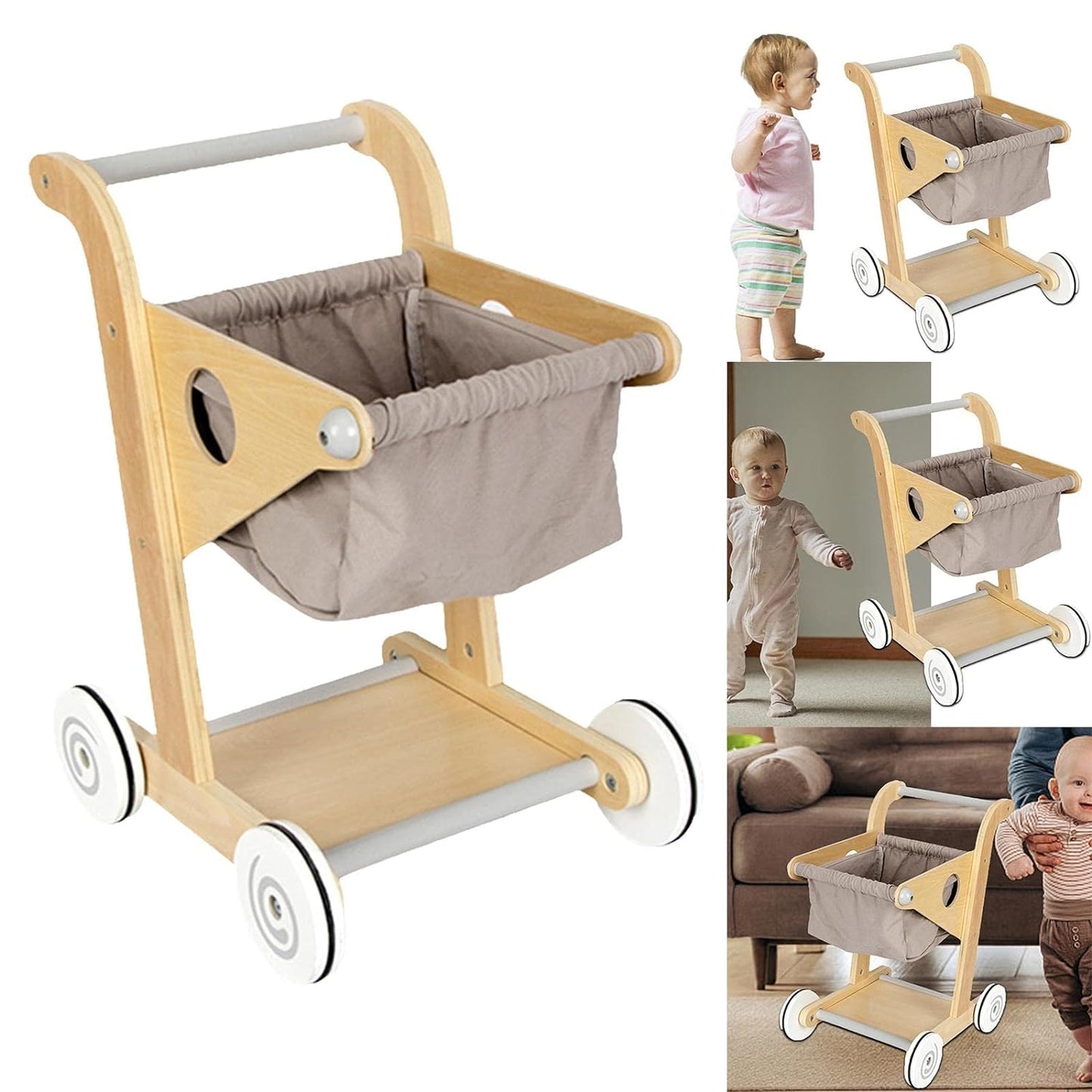 Carucior de Cumparaturi din Lemn pentru Copii Shopping Cart idealSTORE, Dimensiuni 45 x 30 x 34 cm, Durabil, Piese din Lemn fara margini ascutite, Design Modern, Ajuta la Dezvoltarea Echilibrului si a Coordonarii Ochilor si a Mainilor