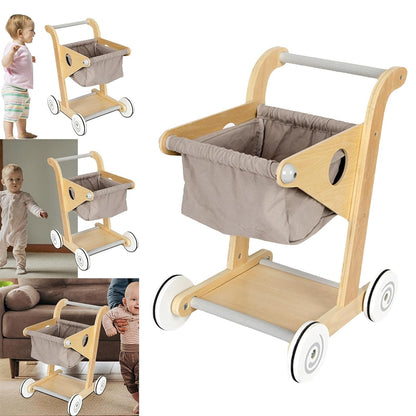 Carucior de Cumparaturi din Lemn pentru Copii Shopping Cart idealSTORE, Dimensiuni 45 x 30 x 34 cm, Durabil, Piese din Lemn fara margini ascutite, Design Modern, Ajuta la Dezvoltarea Echilibrului si a Coordonarii Ochilor si a Mainilor