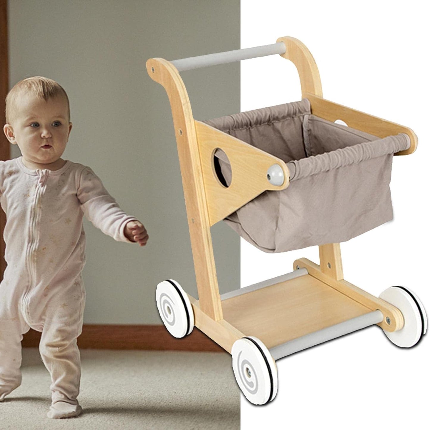 Carucior de Cumparaturi din Lemn pentru Copii Shopping Cart idealSTORE, Dimensiuni 45 x 30 x 34 cm, Durabil, Piese din Lemn fara margini ascutite, Design Modern, Ajuta la Dezvoltarea Echilibrului si a Coordonarii Ochilor si a Mainilor