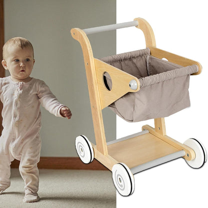 Carucior de Cumparaturi din Lemn pentru Copii Shopping Cart idealSTORE, Dimensiuni 45 x 30 x 34 cm, Durabil, Piese din Lemn fara margini ascutite, Design Modern, Ajuta la Dezvoltarea Echilibrului si a Coordonarii Ochilor si a Mainilor
