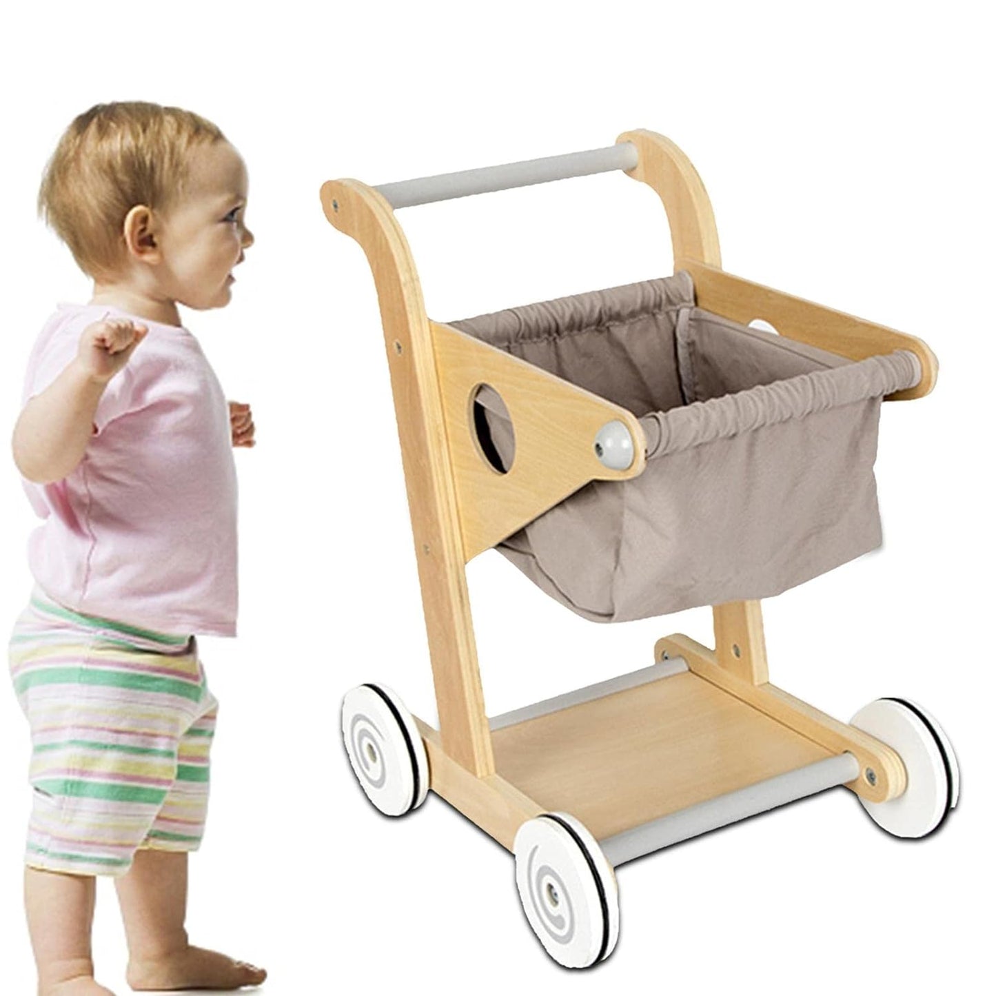 Carucior de Cumparaturi din Lemn pentru Copii Shopping Cart idealSTORE, Dimensiuni 45 x 30 x 34 cm, Durabil, Piese din Lemn fara margini ascutite, Design Modern, Ajuta la Dezvoltarea Echilibrului si a Coordonarii Ochilor si a Mainilor