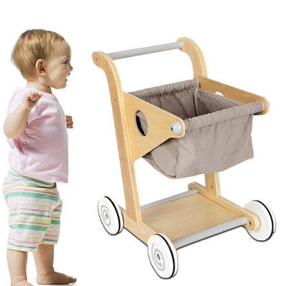 Carucior de Cumparaturi din Lemn pentru Copii Shopping Cart idealSTORE, Dimensiuni 45 x 30 x 34 cm, Durabil, Piese din Lemn fara margini ascutite, Design Modern, Ajuta la Dezvoltarea Echilibrului si a Coordonarii Ochilor si a Mainilor