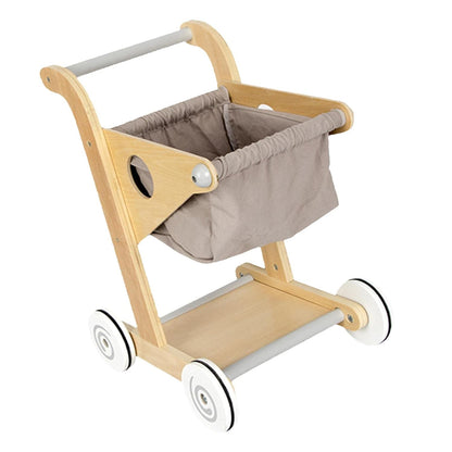 Carucior de Cumparaturi din Lemn pentru Copii Shopping Cart idealSTORE, Dimensiuni 45 x 30 x 34 cm, Durabil, Piese din Lemn fara margini ascutite, Design Modern, Ajuta la Dezvoltarea Echilibrului si a Coordonarii Ochilor si a Mainilor
