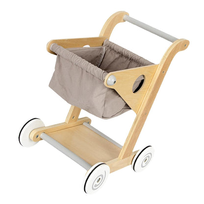 Carucior de Cumparaturi din Lemn pentru Copii Shopping Cart idealSTORE, Dimensiuni 45 x 30 x 34 cm, Durabil, Piese din Lemn fara margini ascutite, Design Modern, Ajuta la Dezvoltarea Echilibrului si a Coordonarii Ochilor si a Mainilor