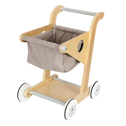 Carucior de Cumparaturi din Lemn pentru Copii Shopping Cart idealSTORE, Dimensiuni 45 x 30 x 34 cm, Durabil, Piese din Lemn fara margini ascutite, Design Modern, Ajuta la Dezvoltarea Echilibrului si a Coordonarii Ochilor si a Mainilor