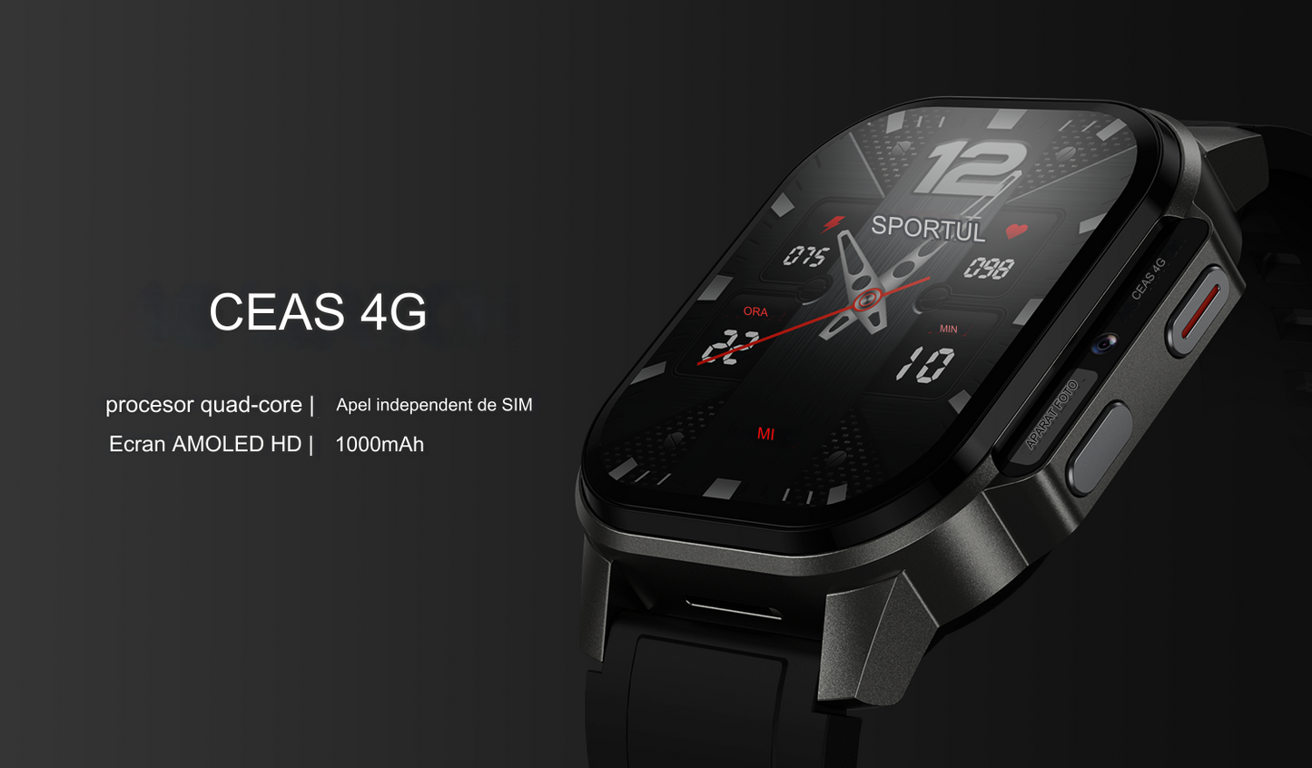 Smartwatch idealSTORE EasySIM, Ecran AMOLED 2.13 inch, camera Foto, Android 8.1, GPS, Apel 4G, Apel Video, Acumulator Puternic 1000 mAh, Ritm Cardiac, SpO2, Incarcare Magnetica, Procesor quad-core, Bratara Neagra din Silicon