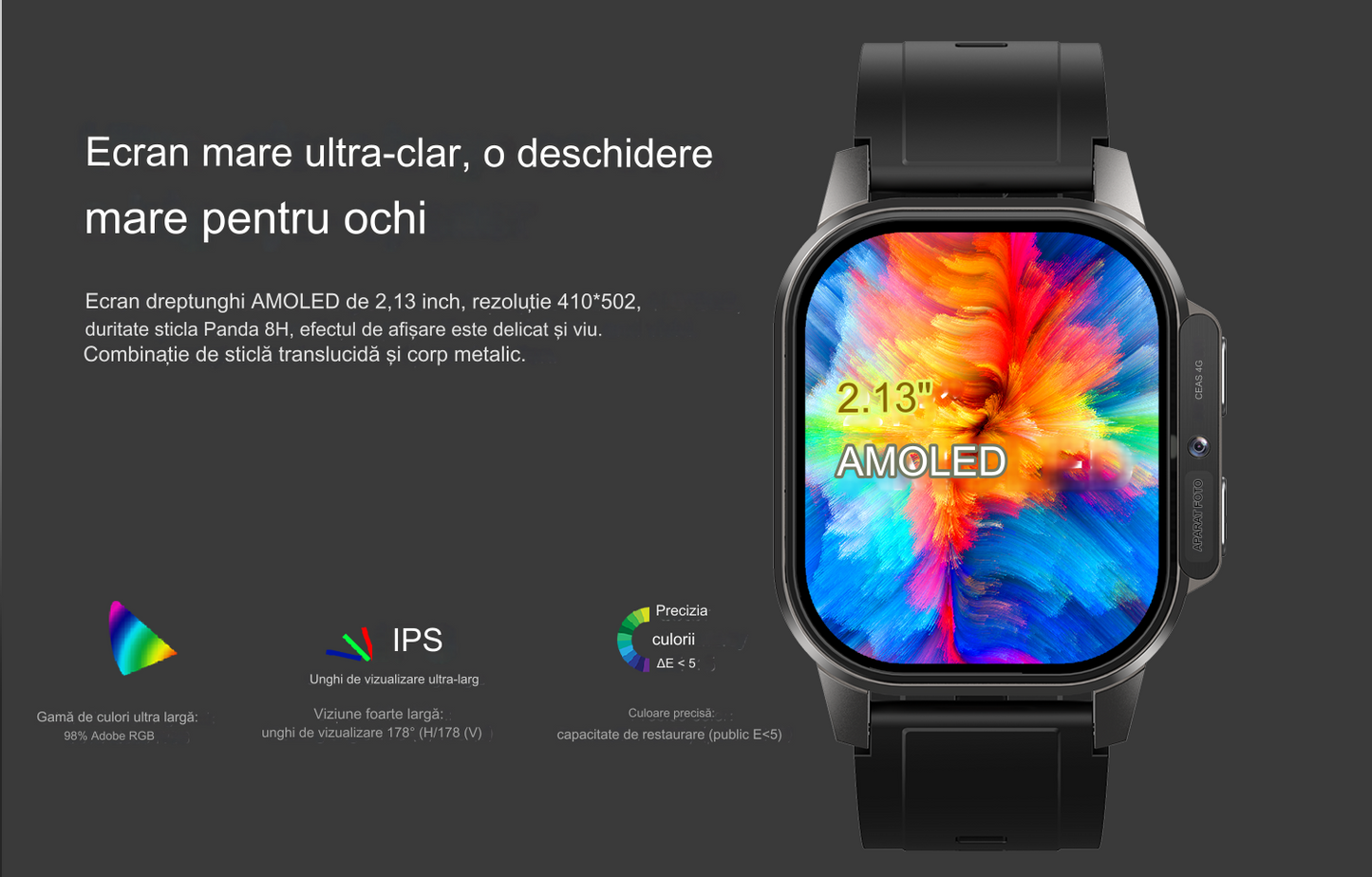 Smartwatch idealSTORE EasySIM, Ecran AMOLED 2.13 inch, camera Foto, Android 8.1, GPS, Apel 4G, Apel Video, Acumulator Puternic 1000 mAh, Ritm Cardiac, SpO2, Incarcare Magnetica, Procesor quad-core, Bratara Neagra din Silicon